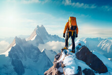 A Climber Climbs A Snowy Mountain. Bright Image, Sunset In The Mountains.