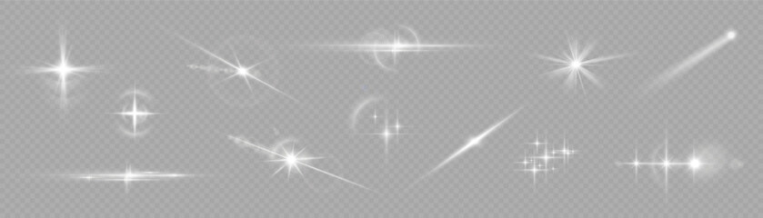 white sparks and golden stars shine with special light. vector sparkles on a transparent background.