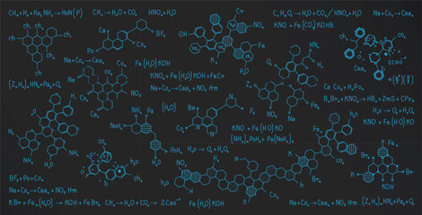 Wall Mural - chemical formulas drawn with blue chalk on a blackboard.