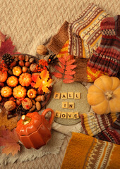 Poster - autumn background. decorative candles, acorns, nuts, pumpkin, knitted socks on plaid. fall season. symbol of harvest, Mabon, thanksgiving, Halloween. text of wooden letters 