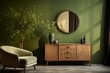 Interior of modern living room with green walls, concrete floor, green armchair and round mirror. 3d render