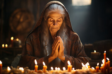 Wall Mural - Old woman praying in church with candle light, belief and faith concept, catholic and protestant community, religion of Jesus Christ