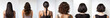 Various haircuts for woman with dark brown brunett hair - long straight, wavy, braided ponytail, small perm, bobcut and short hairs. View from behind on white background. Generative AI