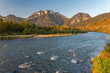 Dunajec river and Trzy Korony (Three Crowns) peak in Pieniny mountains, Little Poland, sunny autumn afternoon
