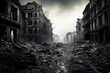 Broad view of a devastated city post-war. Stark depiction of a city in ruins, ablaze and smoldering. The aftermath of conflict and the desolation it brings made with Generative AI