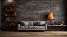 Room With Gray Stone Wall Decoration Background And Wooden Decorations Brown Parquet Floor With Sofa And Bookshelf.