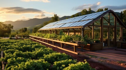 Stunning view of a beautiful modern greenhouse with solar panels in the countryside.