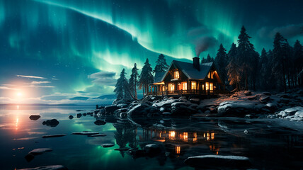 Wall Mural - a night landscape of a lake with a wooden house, a lake, a tree, a lake in the background.