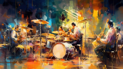 Wall Mural - Musicians in a Bar Drums Bass Dancers Oil Panting Abstract Art Background