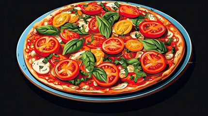 Sticker -  a pizza with tomatoes and basil on a blue and white plate.  generative ai