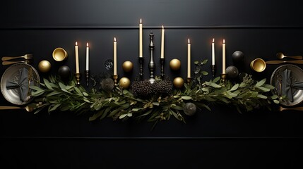 Poster -  a black and gold christmas mantle with candles and ornaments on it.  generative ai