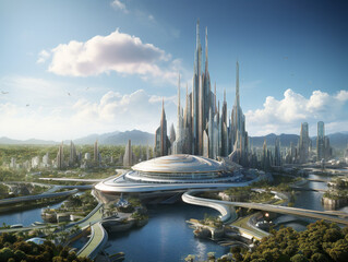 Wall Mural - a sleek, futuristic cityscape filled with geometric buildings, exuding a sense of modernity and eleg