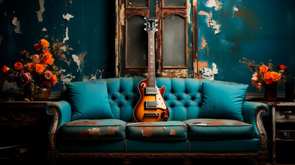 Poster - interior of modern living room with blue sofa and armchair