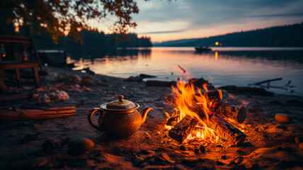 Wall Mural - beautiful lantern with burning candle in forest