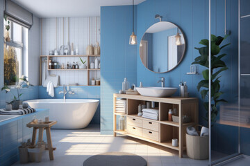 Wall Mural - Modern stylish bathroom with bathtub and colored walls. Minimalistic interior in nordic style