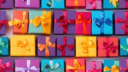 Wall Mural -  a wall of colorful gift boxes with ribbons on them, all of which are brightly colored.  generative ai