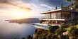 Modern luxury vacation villa house on mountain with beautiful ocean view.AI Generative