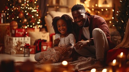 festive Merry Christmas and Happy Holidays christmas eve night celebrate Dad Mom and daughter decorate the Christmas tree indoors. The morning before Xmas. Portrait loving family close up