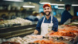 A dedicated employee arranging fresh seafood in the seafood department, Grocery store, blurred background
