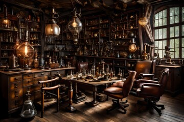 Wall Mural - A steampunk alchemist's living room with apothecary jars, antique lab equipment, and leather armchairs. The room has a mysterious and magical atmosphere.