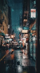 Canvas Print - Rainy night in the city, neon lights everywhere, AI