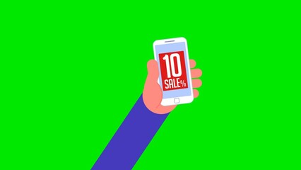 Animated %10 sale discount label on mobile phone screen in a hand icon.