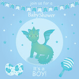 Fototapeta Dinusie - Set of baby shower invitations with cartoon character, rattle, unicorn and dinosaur. This is a boy. Vector illustration, EPS 10.