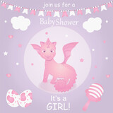 Fototapeta Dinusie - Set of baby shower invitations with cartoon character, rattle, unicorn and dinosaur. This is a girl. Vector illustration, EPS 10.