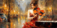 A Women Musician Playing With Exquisite Care Violin Painting Abstract Art Background