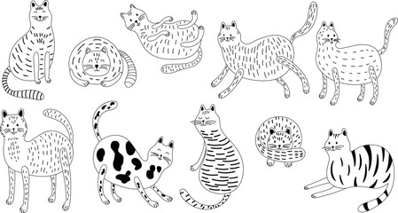 Wall Mural - Hand drawn doodle cats isolated on white set. Hand drawn cute illustration for kids collection.