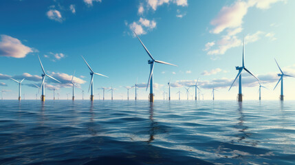 Ocean Wind Farm. Windmill farm in the ocean. Offshore wind turbines in the sea. Wind turbine from aerial view