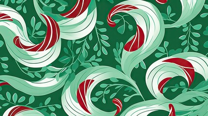 a green and red pattern with leaves and vines on it.  generative ai