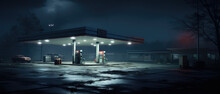 Horizontal Shot Of A Generic Unbranded Gas Station At Night