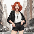 Red Haired Young Woman Standing In Front Of Street Background, Digital Illustration