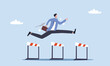 Success to win in business competition, overcome obstacles or motivation to solve problem and lead company achievement concept, confident businessman leader jump high over 3 hurdles to be winner.