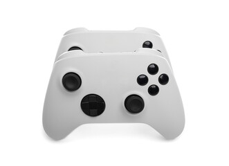 White wireless gamepad controller joystick isolated on a white background.