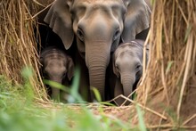 Elephant Parents Sheltering Their Calf