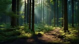 Fototapeta Krajobraz -  a path through a forest with sun shining through the trees.  generative ai