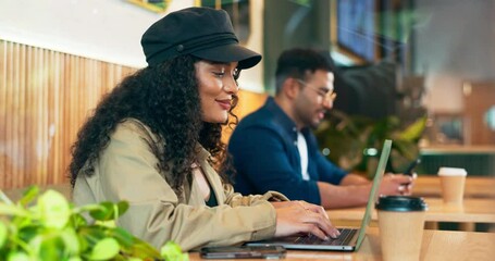 Poster - Laptop, coffee shop people and happy woman typing online project, service report or reading cafeteria social media blog. Freelancer, remote work or customer review small business, diner or cafe media