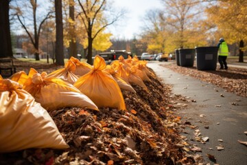 Canvas Print - bags of leaves raked during a community cleanup event