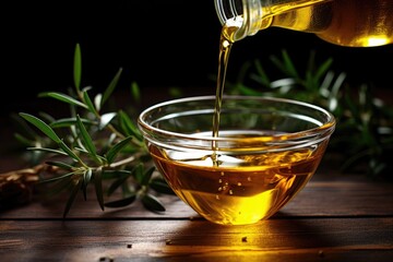 Poster - olive oil pouring into a small glass bowl