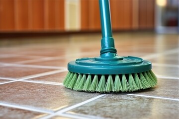 Wall Mural - a close view of a scrubbing brush on a ceramic floor