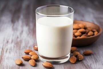 Sticker - a glass of almond milk with almond nuts at the bottom