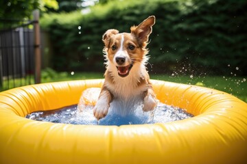 Wall Mural - a dog paddling in a small inflatable pool in a backyard