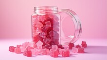  A Jar Filled With Pink Gummy Bears On Top Of A Table.  Generative Ai
