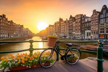 Bicycle Amsterdam Bridge. City Travel. Generate Ai
