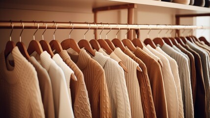 Wall Mural - a collection of light brown sweaters neatly arranged on hangers in a well-lit and stylish boutique setting. the classic and timeless appeal of these sweaters.