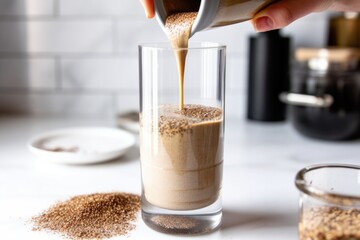 Sticker - pouring flaxseed smoothie from a blender into a tall glass