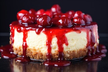 Wall Mural - close-up of a cheesecake with a cherry topping