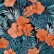 Tropical hibiscus and palm leaves seamless pattern